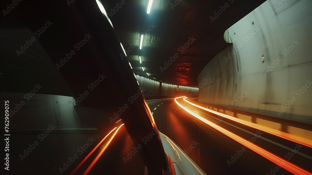Obraz premium Motion time of a speedy night drive in a big city ending in the underground car parking Side view from the car window to the road with light trails from vehicles and street lights : Generative AI