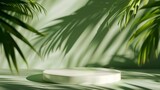 Minimal abstract background for the presentation of a cosmetic product Empty premium podium with a shadow of tropical palm leaves on a green background Showcase display case : Generative AI