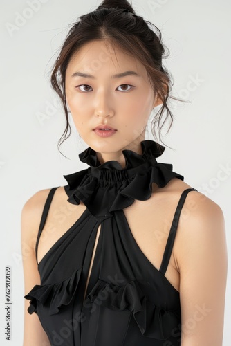 Portrait of a pretty young woman super model of Chinese ethnicity wearing an elegant black midi dress with a halter neckline, open back, and subtle ruffle detailing
