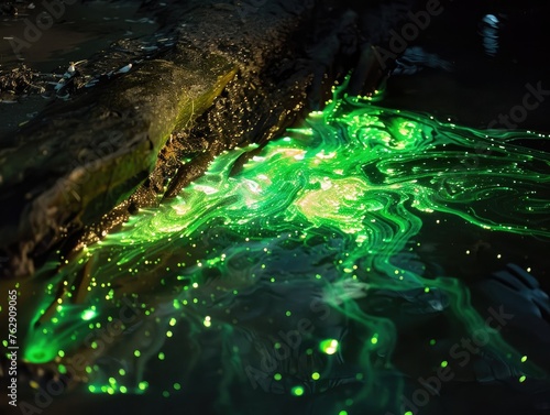 The luminescent glow of bioluminescent algae in a dark environment,