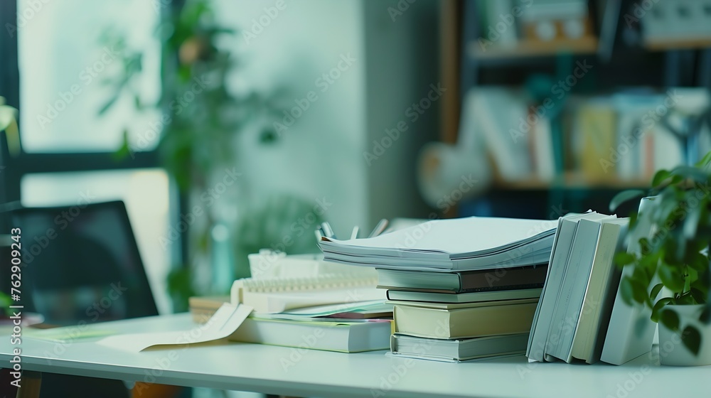 Cropped shot of white table with books stationery and copy space in blurred study room : Generative AI Cropped shot of white table with books stationery and copy space in blurred study room : Generative AI