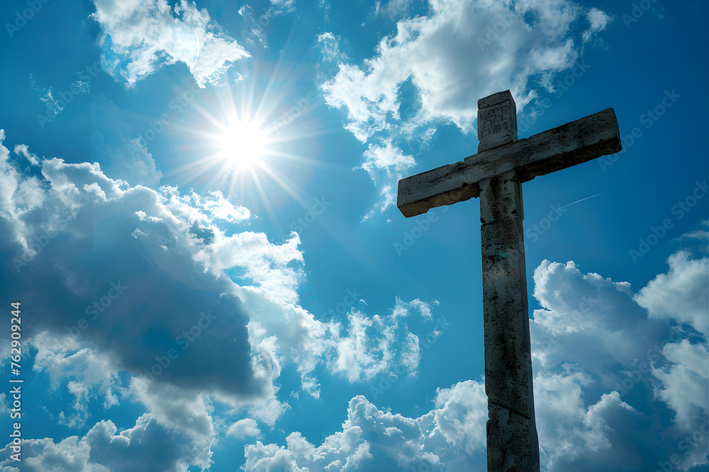 Picture of the holy cross of Jesus Christ over sky with his followers praying Picture of the holy cross of Jesus Christ over sky with his followers praying