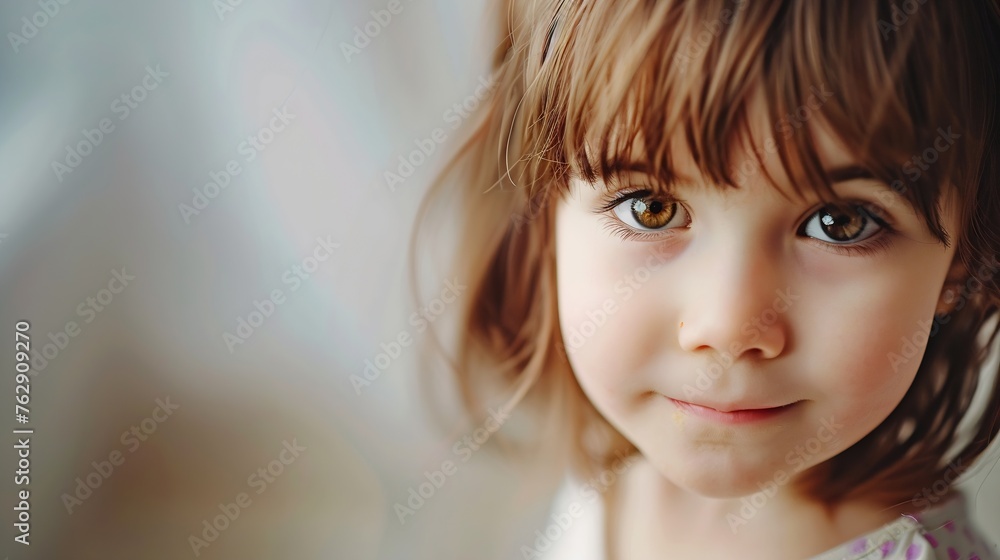 Charming child with brown hair looking at camera delightfully against blurred background of light room : Generative AI - obrazy, fototapety, plakaty 