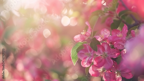 defocused bokeh background of apple garden with blossoming trees in sunny day backdrop : Generative AI