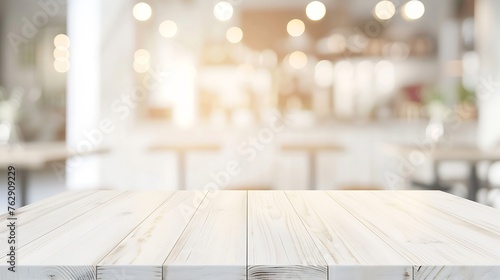 Vertical white table presentation desk and blur background Empty wood counter shelf surface over blur restaurant white bokeh background Wood table top for retail shop store product dis   Generative AI