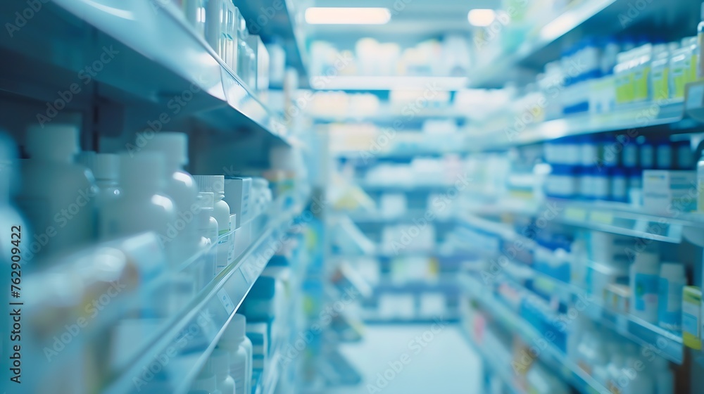 Pharmacy drugstore shelves interior blur medical background : Generative AI Pharmacy drugstore shelves interior blur medical background : Generative AI