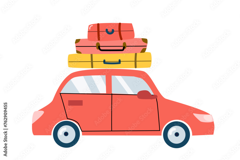 Summer travel red car with luggage on top - illustration isolated. Vector illustration can used for summer vacation banner, sale label, greeting card, poster.
