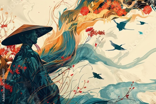 An enchanting wallpaper illustration showcasing a rice farmer merged with abstract elements inspired by the beauty of nature  such as flowing rivers  blossoming flowers  Generative AI