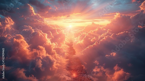 Stairway to heaven in heavenly concept. Religion background. Stairway to paradise in a spiritual concept. Stairway to light in spiritual fantasy. Path to the sky and clouds. God light photo