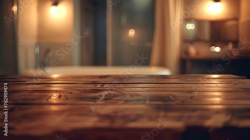 Wooden table in front of blurred bathroom interior as background : Generative AI