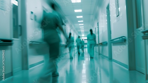 blurred for background blurred figures of doctors and nurses in a hospital corridor Doctors and nurses walking in hospital hallway blurred motion Moving human figure in the clinic corr : Generative AI © Generative AI