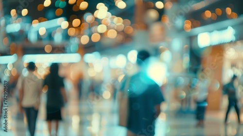 Blurred image of people in shopping mall with bokeh vintage color : Generative AI