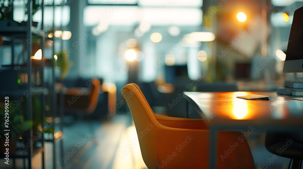 Modern business office without people with blurred bokeh background tables chairs computers copy space High quality photo : Generative AI Modern business office without people with blurred bokeh background tables chairs computers copy space High quality photo : Generative AI