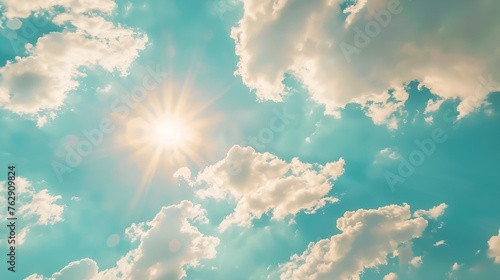 Sunshine clouds sky during morning background Bluewhite pastel heavensoft focus lens flare sunlight Abstract blurred cyan gradient of peaceful nature Open view out windows beautiful su : Generative AI photo