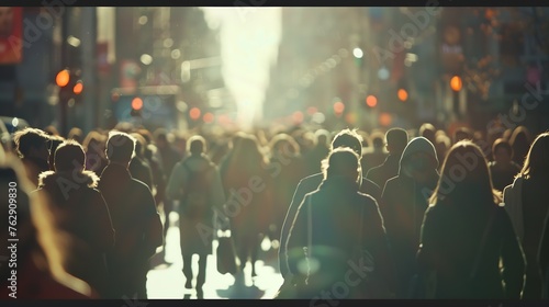 Crowd of anonymous people walking on busy city street : Generative AI