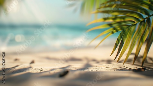 Summer exotic sandy beach with blur palms and sea on background : Generative AI © Generative AI