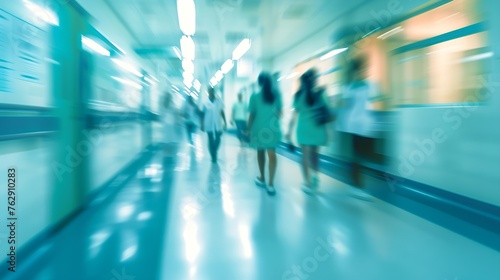 blurred for background blurred figures of doctors and nurses in a hospital corridor Doctors and nurses walking in hospital hallway blurred motion Moving human figure in the clinic corr   Generative AI