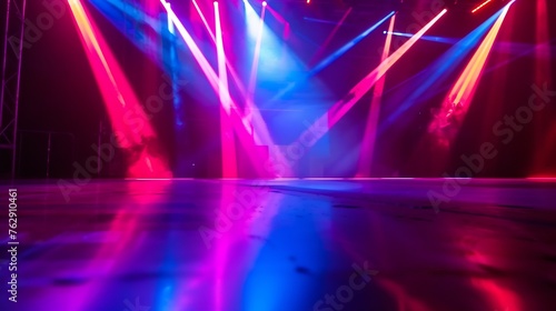 blurred rays of light on disco floor orange violet blue neon searchlight lights laser lines and lighting effect night empty stage in studio with neon reflections scene dark abstract ba : Generative AI