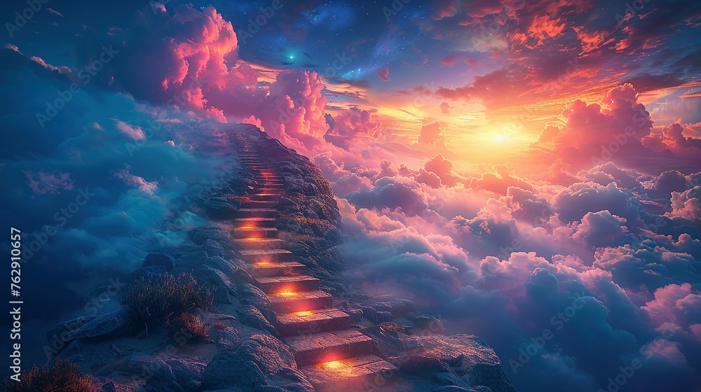 Stairway to heaven in heavenly concept. Religion background. Stairway to paradise in a spiritual concept. Stairway to light in spiritual fantasy. Path to the sky and clouds. God light - obrazy, fototapety, plakaty 