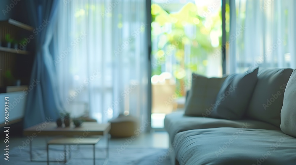 Fototapeta premium Blurred view of modern living room with sofa and soft bench room interior with couch armchair and coffee table or shelving units stylish living room comfortable workplace near big win : Generative AI