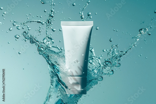 mockup template of moisturizing cosmetic tube product package falling to water and splashing with bubble.