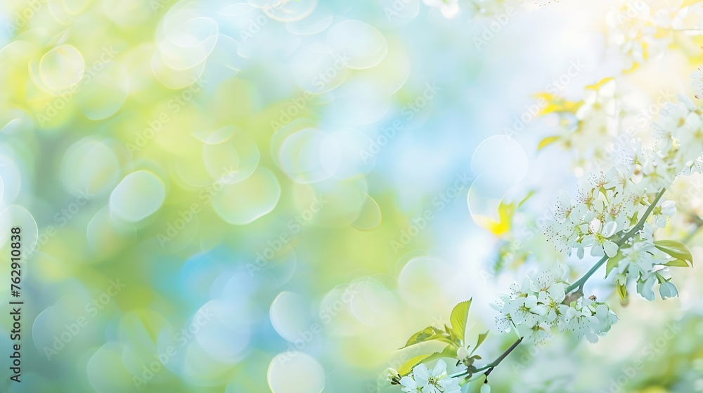 Beautiful blurred spring background nature with blooming glade trees and blue sky on a sunny day : Generative AI Beautiful blurred spring background nature with blooming glade trees and blue sky on a sunny day : Generative AI