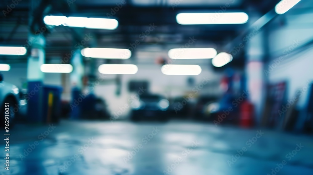 Abstract blur car garage automobile interior Blurred mechanic service centre auto repair workshop soft defocused Blurry car care station background : Generative AI - obrazy, fototapety, plakaty 