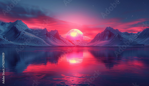 Sunrise over the lake with mountains. Created with Ai