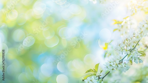 Beautiful blurred spring background nature with blooming glade trees and blue sky on a sunny day : Generative AI