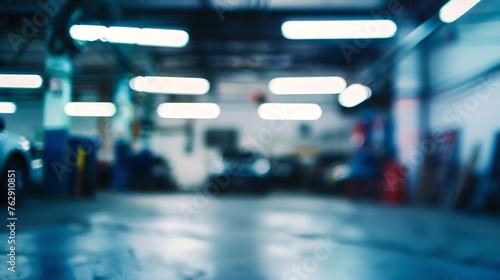 Abstract blur car garage automobile interior Blurred mechanic service centre auto repair workshop soft defocused Blurry car care station background : Generative AI