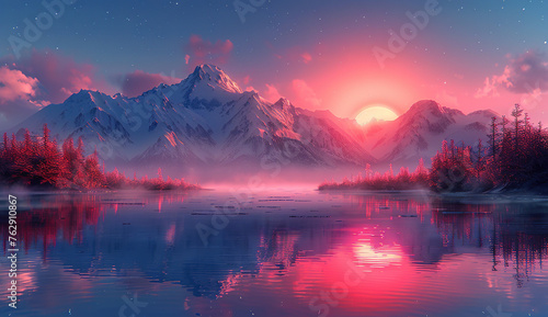 Sunrise over the lake. Beautiful landscape. Created with Ai