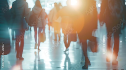 Anonymous blurred crowd of business people walks by gear on a trade fair or in an airport : Generative AI