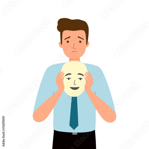 Man hiding face behind social mask with fake positive emotion. Sad man disguising real emotion and feeling.