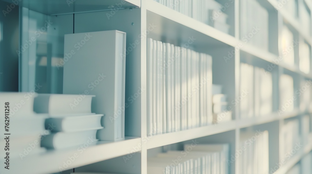 Fototapeta premium Abstract blurred modern white bookshelves with books manuals and textbooks on bookshelves in library or in book store for backdrop Concept for education : Generative AI