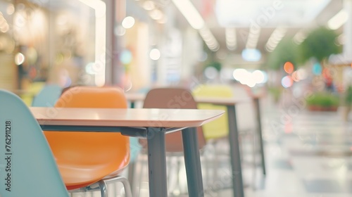Blur bokeh background of interior table and chair in mall canteen Abstract bokeh of food business dining court with no person defocused of light retail lifestyle cafe shop decoration i : Generative AI