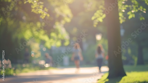 Defocused background of summer park with walking people : Generative AI