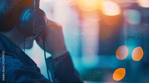 Panorama focus hand holding headset on call center workspace desk with blur background of operator team or telesales representative engaging in providing client with customer support s : Generative AI
