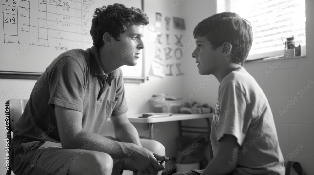 Obraz premium A volunteer tutor sits kneetoknee with a young student patiently explaining a math problem on a whiteboard. The students face lights up with understanding and confidence thanks