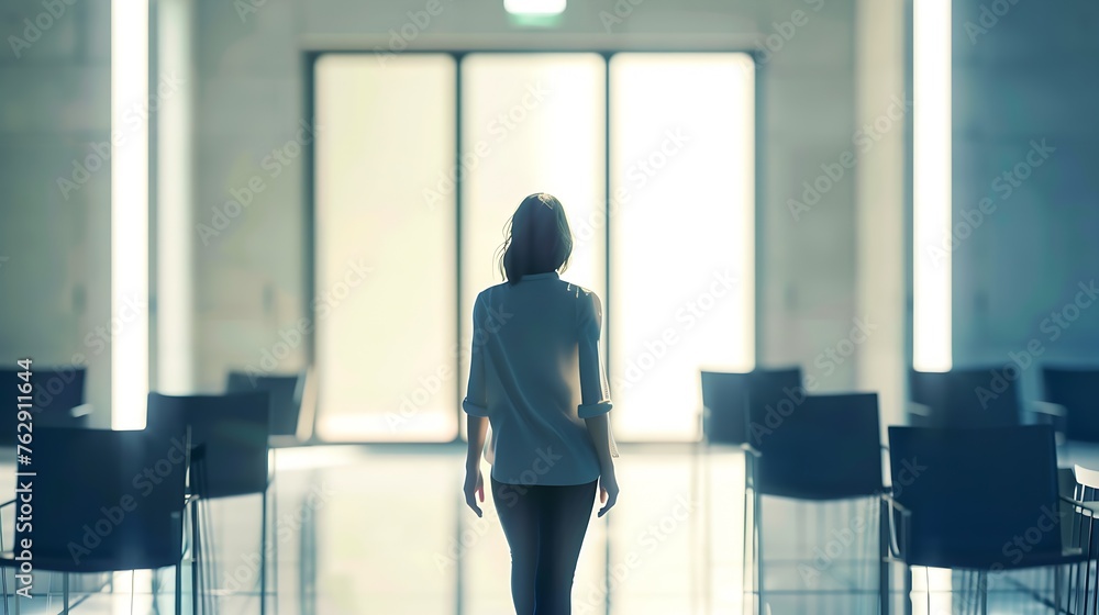 Female designer walking in conference room model is blur : Generative AI Female designer walking in conference room model is blur : Generative AI