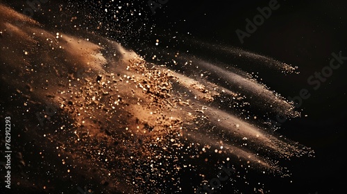 Dry river sand explosionBrown color sand splash against black background : Generative AI