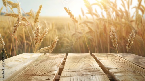 Empty wooden table with tablecloth over wheat field blurred background Shavuot holiday mock up for design and product display : Generative AI