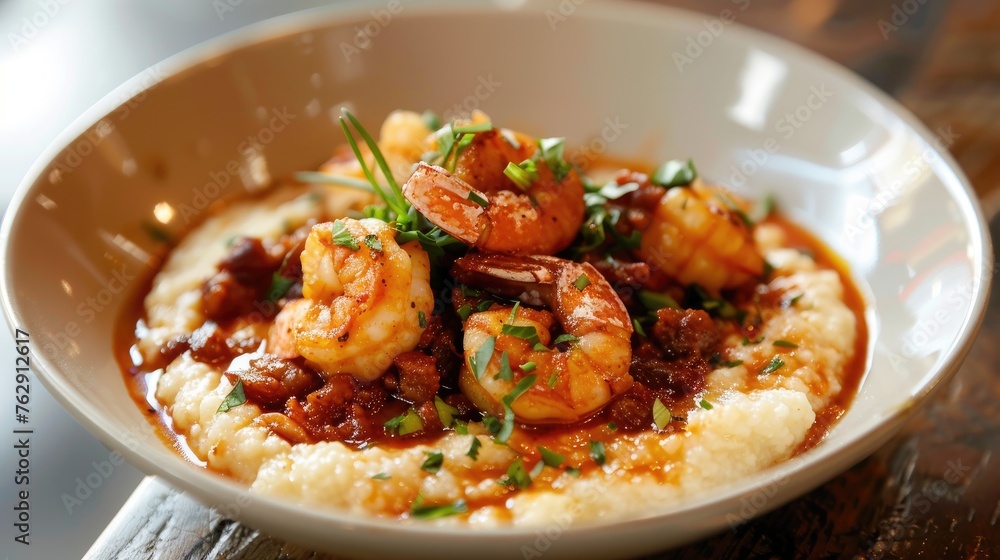 Dish consisting of shrimp and grits. Dish consisting of shrimp and grits.