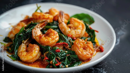 Fried prawns or shrimps with spinach, chili and garlic in white plate.