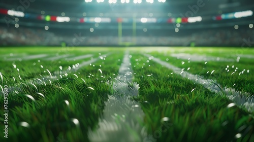 3D render image of american football stadium with green grass field and blurred fans at playground Top view Concept of outdoot sport activity football championship match game space : Generative AI