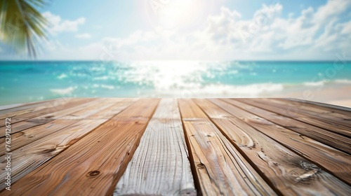 Empty wooden table on blurred tropical sea and sky background : Generative AI