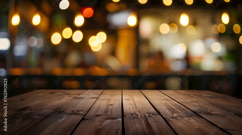 Empty dark wooden table in front of abstract blurred bokeh background of restaurant can be used for display or montage your productsMock up for space : Generative AI Empty dark wooden table in front of abstract blurred bokeh background of restaurant can be used for display or montage your productsMock up for space : Generative AI