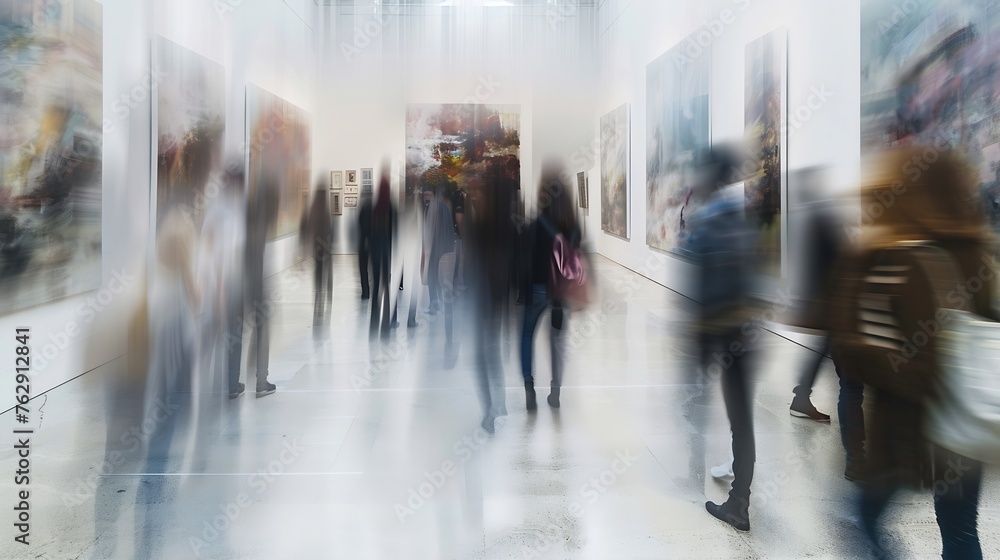 Blurred motion of people passing through the paintings on the wall in art gallery : Generative AI