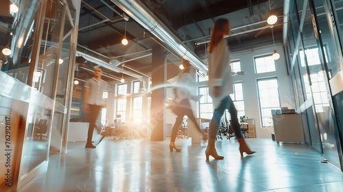 Group of office employees in motion go around at coworking space People in business center walking at hall Motion blur Wide image : Generative AI