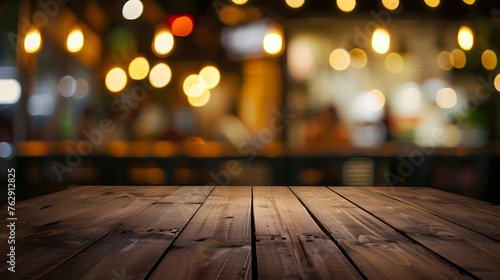 Empty dark wooden table in front of abstract blurred bokeh background of restaurant can be used for display or montage your productsMock up for space : Generative AI