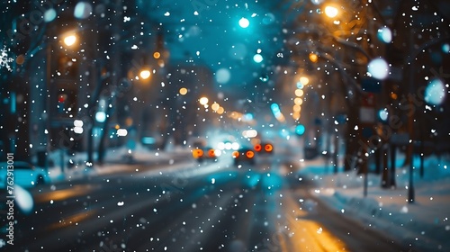 Blurred background City view lights falling snow night street bokeh spots of headlights of moving cars Diffuse Urban backdrop winter scenery of street in city at night Lantern light sn : Generative AI © Generative AI